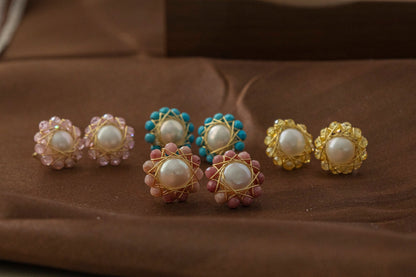 Handmade Bird's Nest Pearl Earrings - Wire Wrapped Natural Crystal Studs