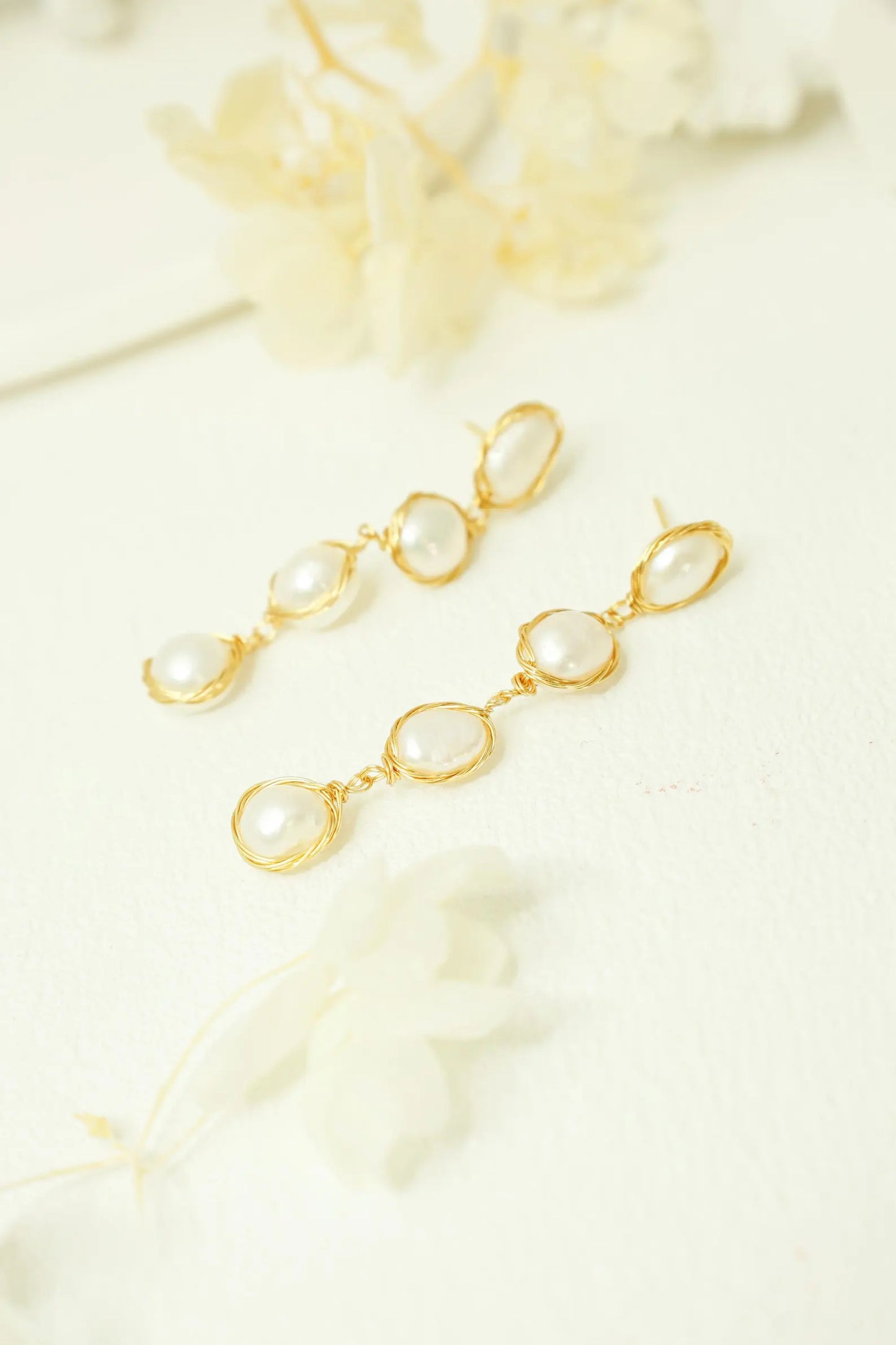 Four-Tiered Baroque Pearl Dangle Earrings - Gold Wire Wrapped Statement Jewelry