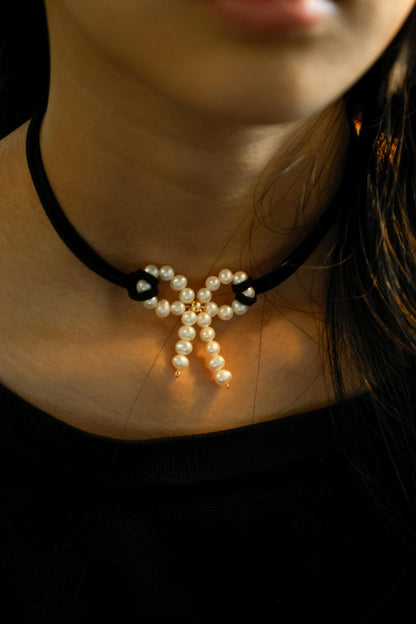 Freshwater Pearl Bow Choker - Crafted with Brass