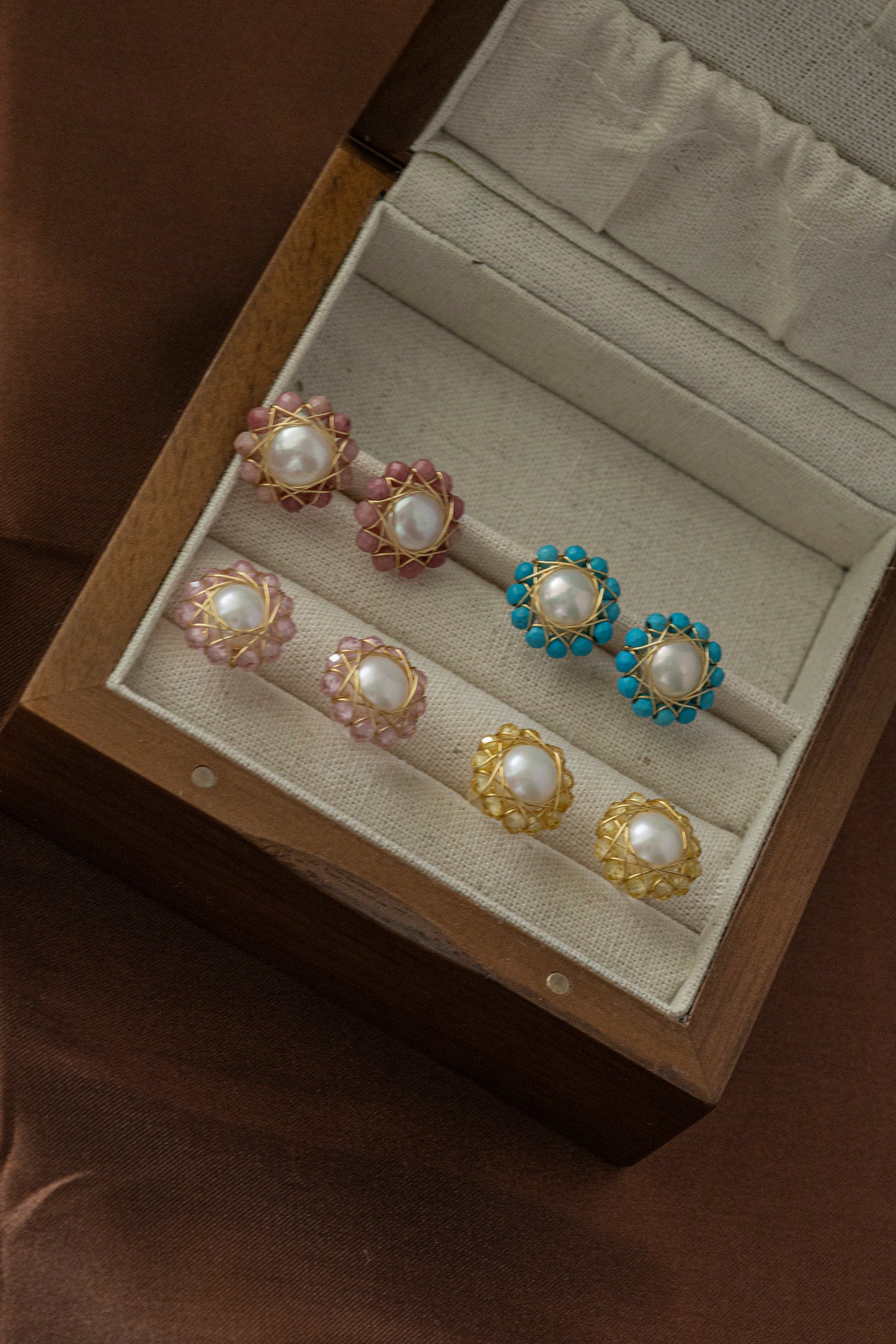 Handmade Bird's Nest Pearl Earrings - Wire Wrapped Natural Crystal Studs