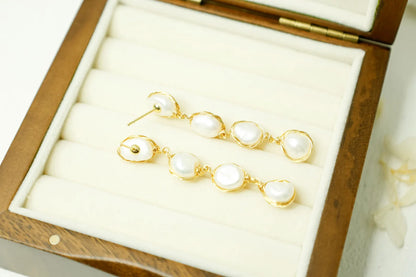 Four-Tiered Baroque Pearl Dangle Earrings - Gold Wire Wrapped Statement Jewelry