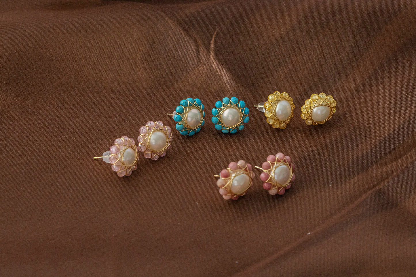 Handmade Bird's Nest Pearl Earrings - Wire Wrapped Natural Crystal Studs