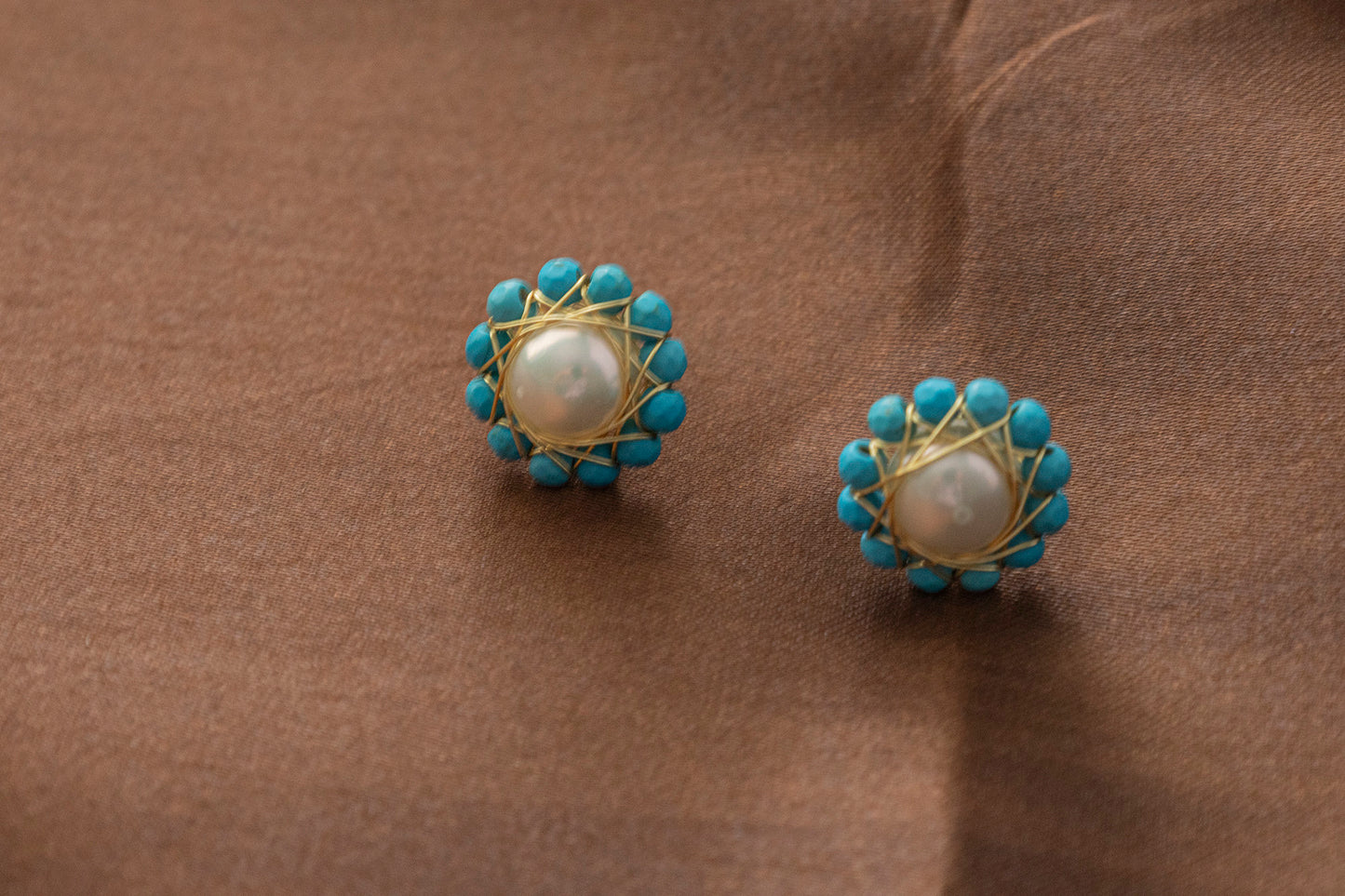 Handmade Bird's Nest Pearl Earrings - Wire Wrapped Natural Crystal Studs