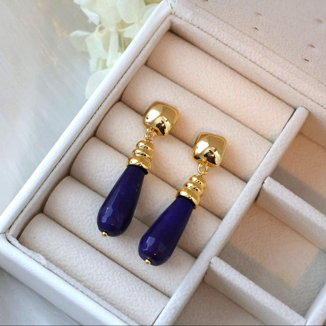 Gold Lapis Lazuli Drop Earrings - Crafted with Brass