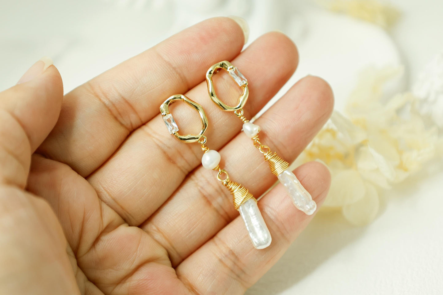 Crystal Point & Baroque Stick Pearl Hoops