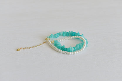 Handmade Amazonite & Freshwater Pearl Bracelet - Crafted with Brass