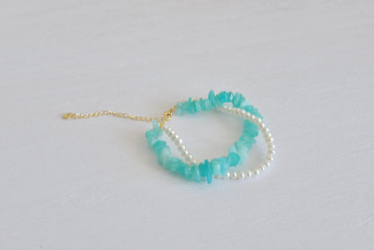 Handmade Amazonite & Freshwater Pearl Bracelet - Crafted with Brass