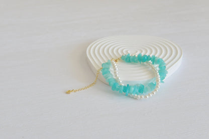 Handmade Amazonite & Freshwater Pearl Bracelet - Crafted with Brass