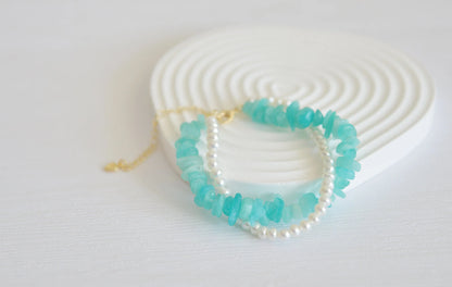 Handmade Amazonite & Freshwater Pearl Bracelet - Crafted with Brass