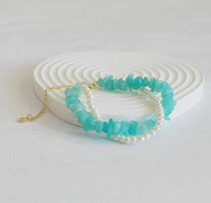 Handmade Amazonite & Freshwater Pearl Bracelet - Crafted with Brass