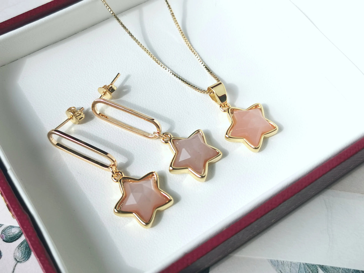 Handmade Natural Gemstone/five-star earring and necklace set/Rose