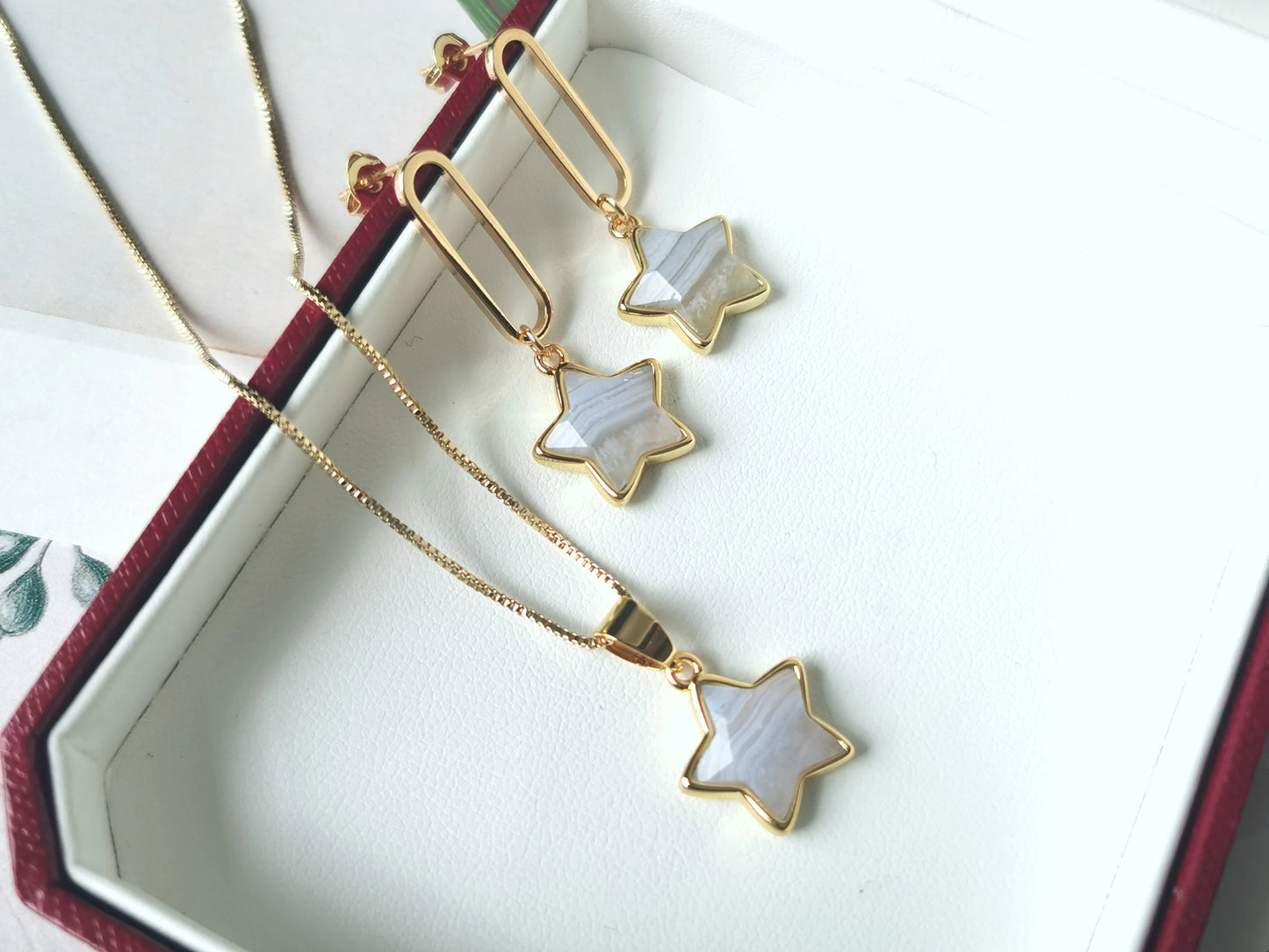 Handmade Natural Gemstone/five-star earring and necklace set/Rose
