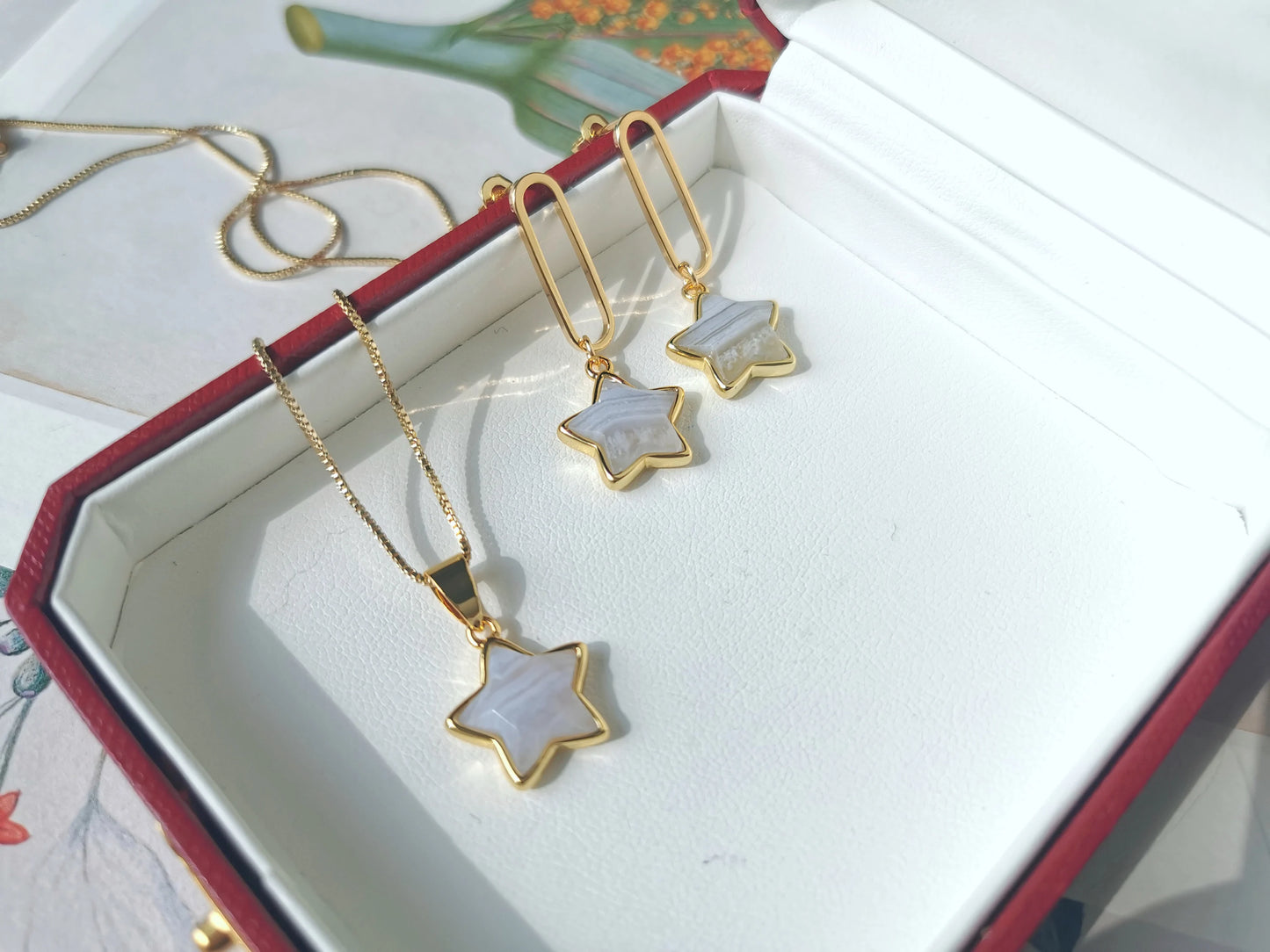 Handmade Natural Gemstone/five-star earring and necklace set/Rose