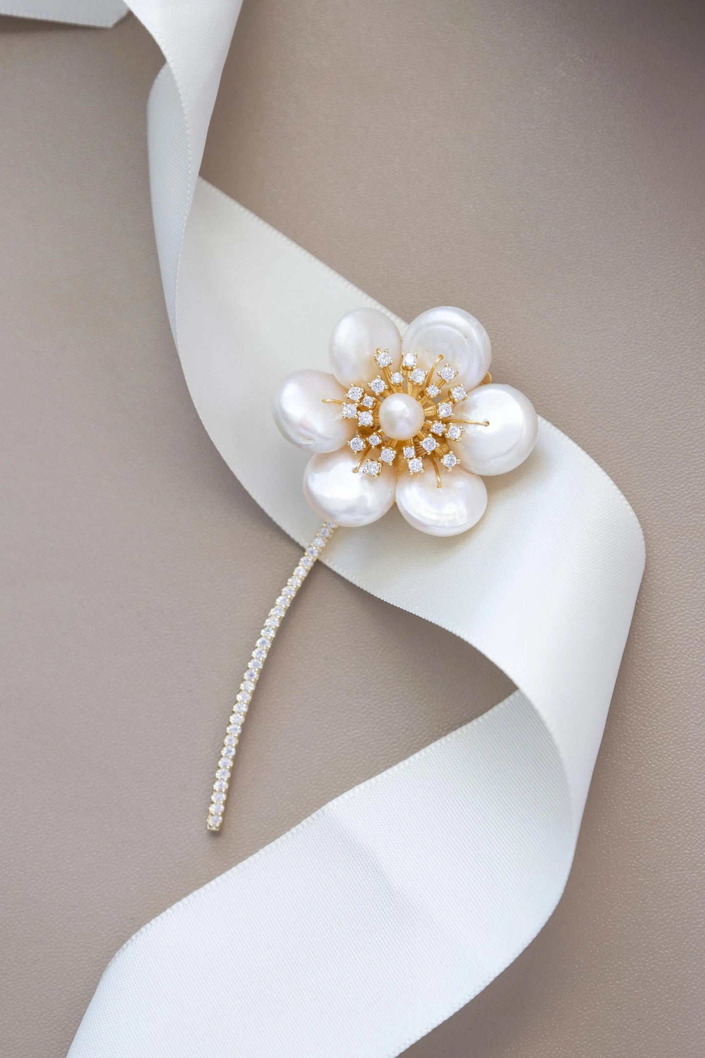 Baroque Pearl Flower Brooch with Diamonds
