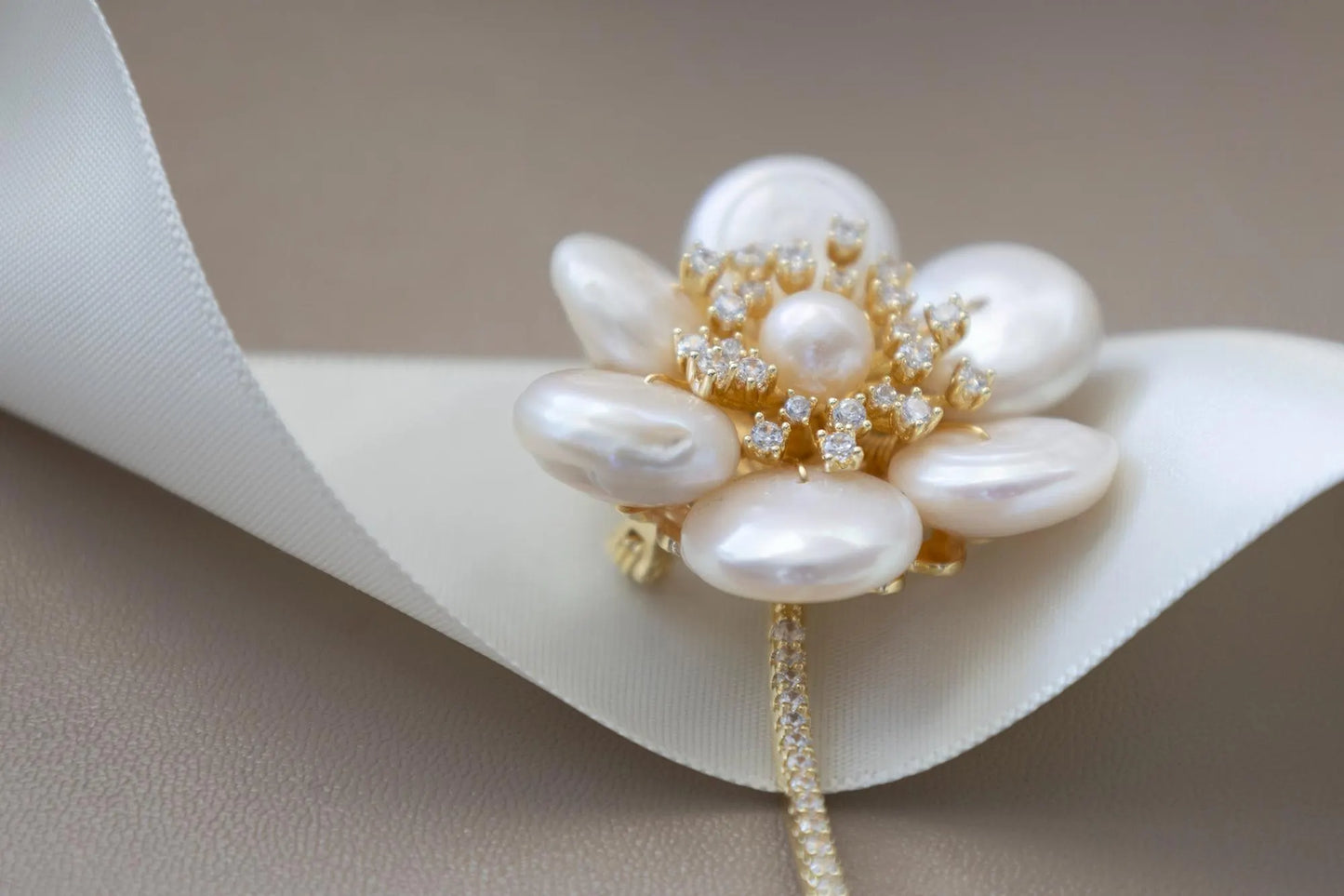 Baroque Pearl Flower Brooch with Diamonds