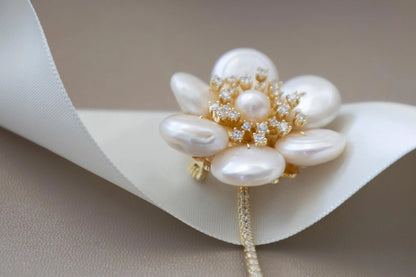 Baroque Pearl Flower Brooch with Diamonds