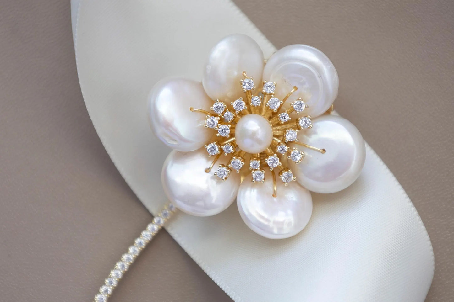 Baroque Pearl Flower Brooch with Diamonds