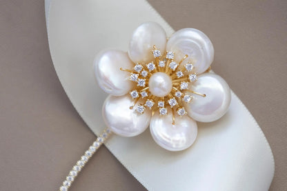 Baroque Pearl Flower Brooch with Diamonds