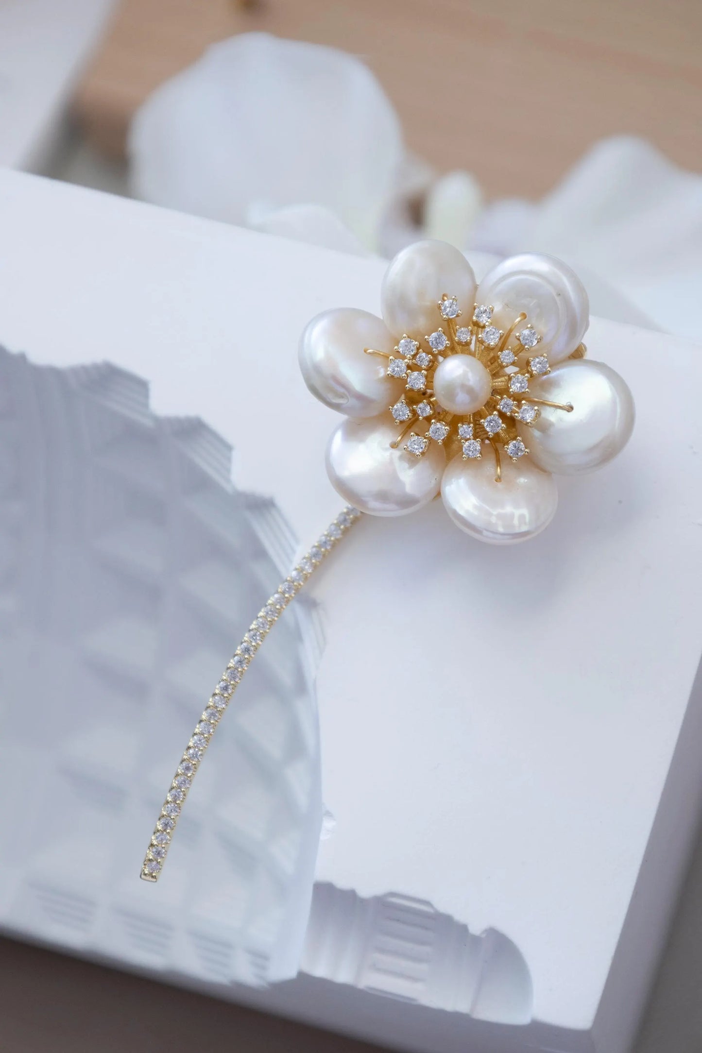 Baroque Pearl Flower Brooch with Diamonds