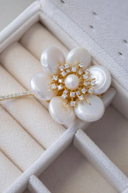 Baroque Pearl Flower Brooch with Diamonds