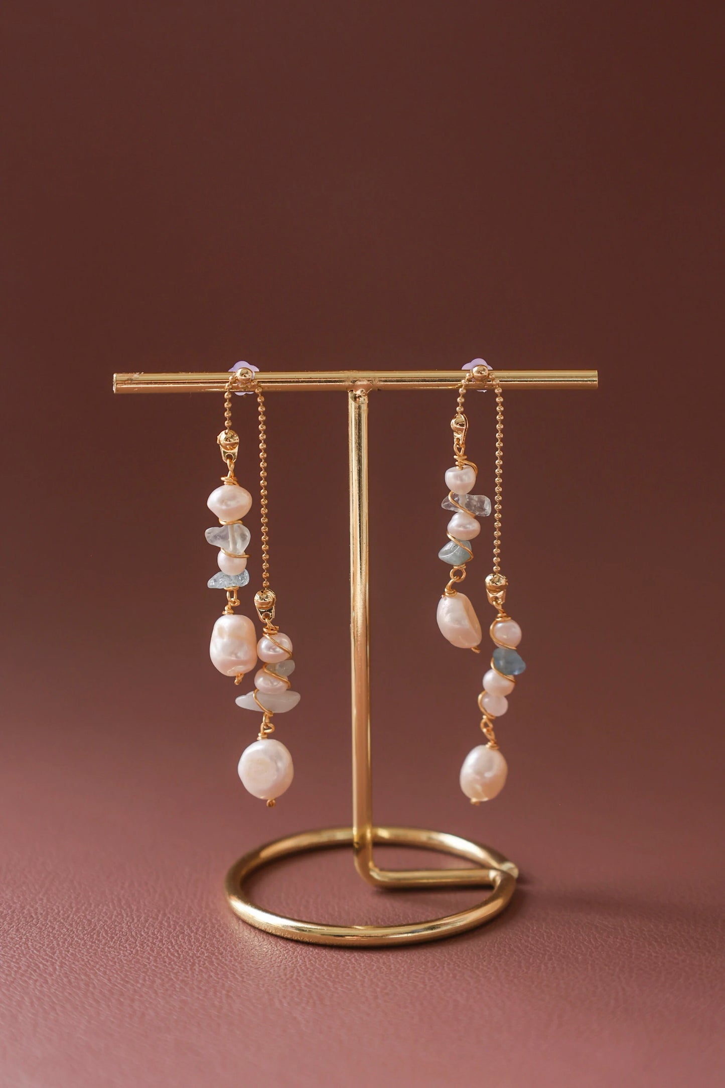 Dainty Aquamarine Pearl Bridal Earrings - Crafted with Brass