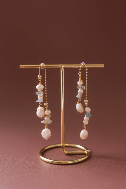 Dainty Aquamarine Pearl Bridal Earrings - Crafted with Brass