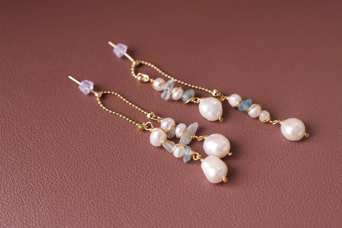 Dainty Aquamarine Pearl Bridal Earrings - Crafted with Brass