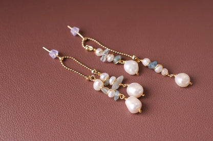 Dainty Aquamarine Pearl Bridal Earrings - Crafted with Brass