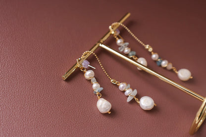 Dainty Aquamarine Pearl Bridal Earrings - Crafted with Brass