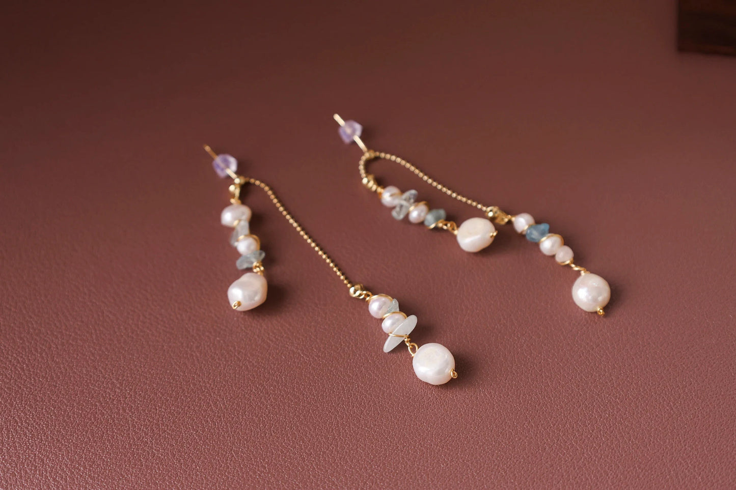 Dainty Aquamarine Pearl Bridal Earrings - Crafted with Brass