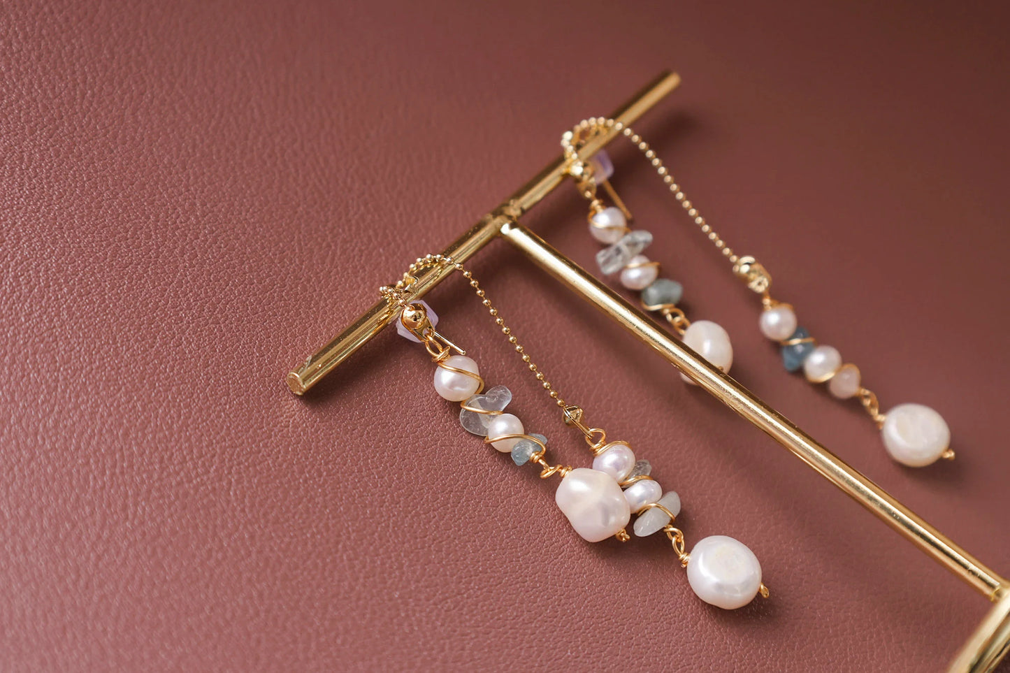 Dainty Aquamarine Pearl Bridal Earrings - Crafted with Brass