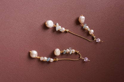Dainty Aquamarine Pearl Bridal Earrings - Crafted with Brass