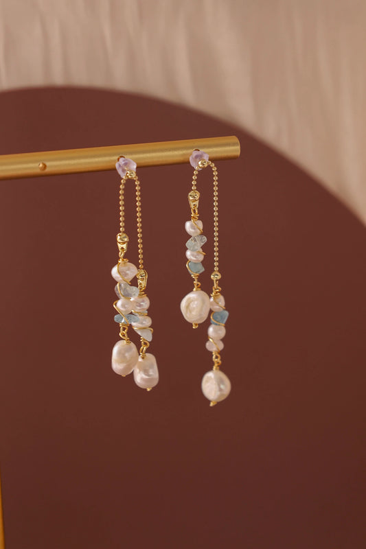 Dainty Aquamarine Pearl Bridal Earrings - Crafted with Brass