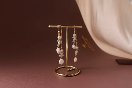 Dainty Aquamarine Pearl Bridal Earrings - Crafted with Brass