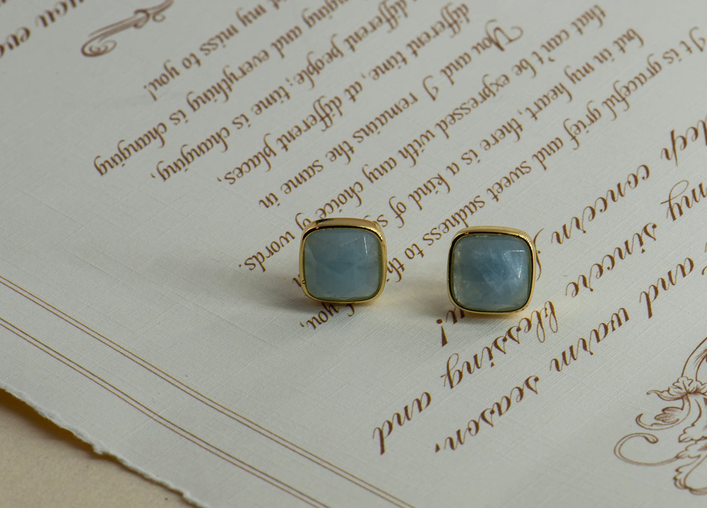 Square Aquamarine, Malachite, Apatite Stud Earrings - Copper -