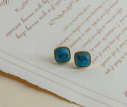 Square Aquamarine, Malachite, Apatite Stud Earrings - Copper -