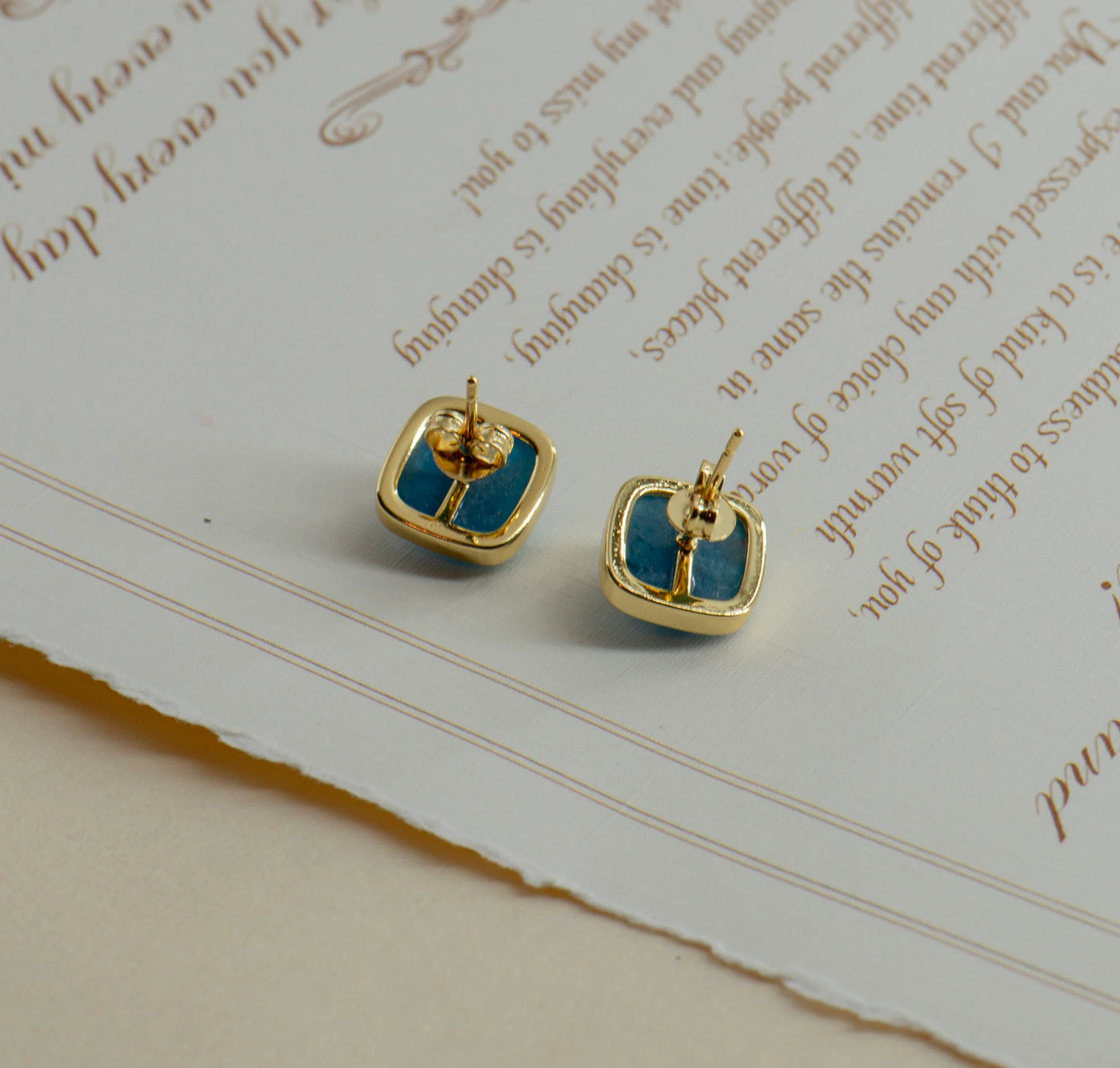 Square Aquamarine, Malachite, Apatite Stud Earrings - Copper -