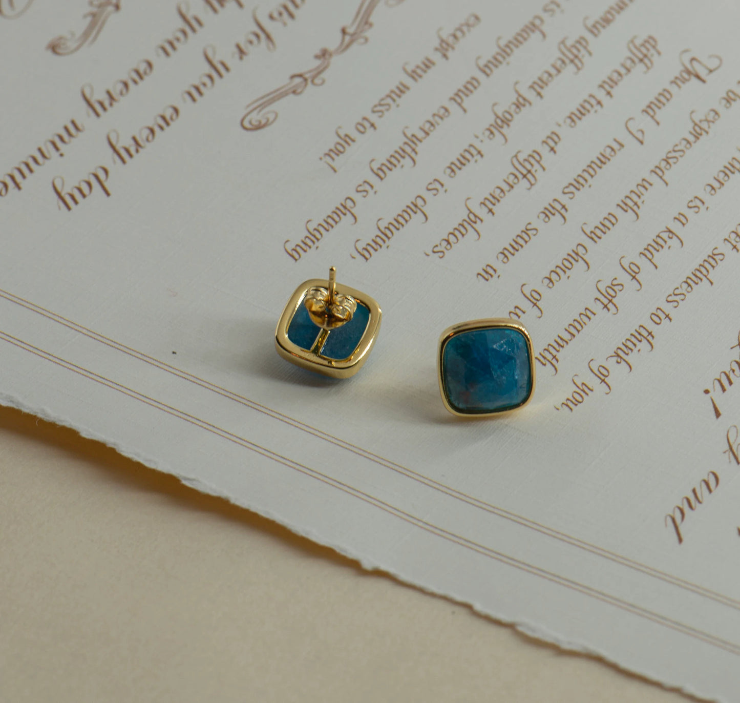 Square Aquamarine, Malachite, Apatite Stud Earrings - Copper -