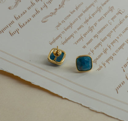 Square Aquamarine, Malachite, Apatite Stud Earrings - Copper -
