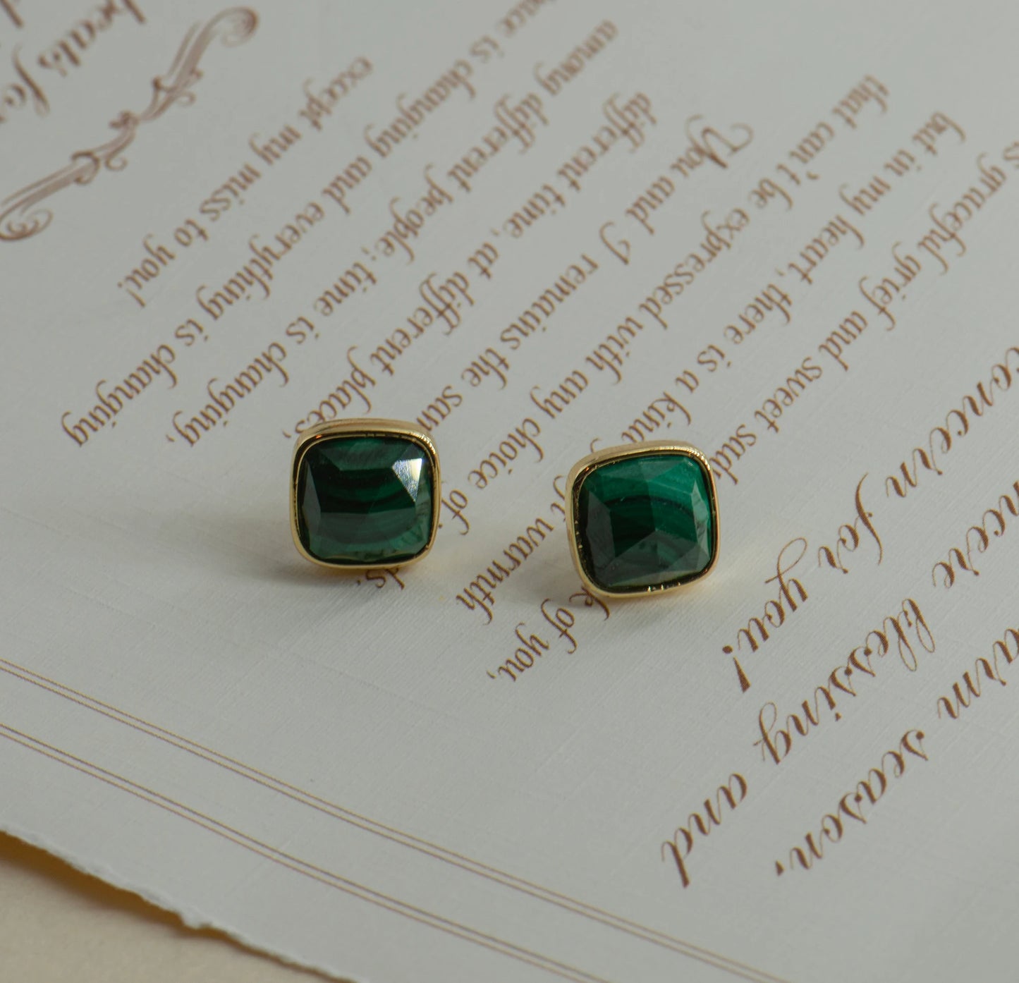 Square Aquamarine, Malachite, Apatite Stud Earrings - Copper -