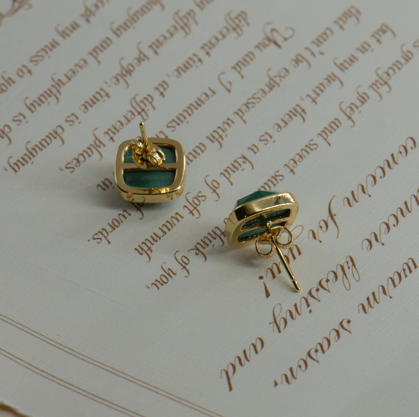 Square Aquamarine, Malachite, Apatite Stud Earrings - Copper -
