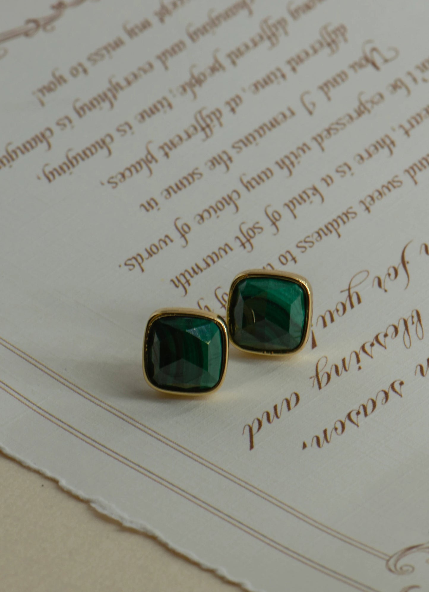 Square Aquamarine, Malachite, Apatite Stud Earrings - Copper -