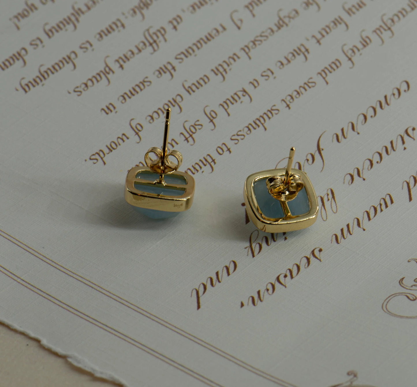 Square Aquamarine, Malachite, Apatite Stud Earrings - Copper -