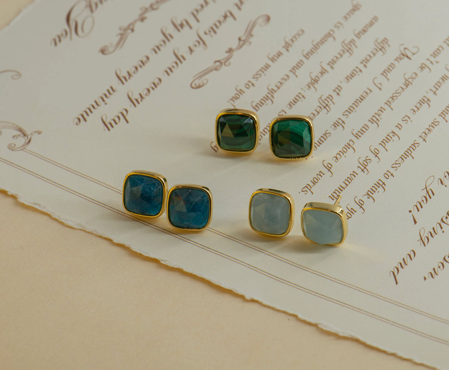 Square Aquamarine, Malachite, Apatite Stud Earrings - Copper -