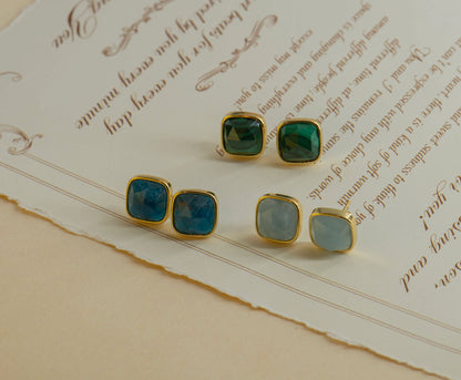 Square Aquamarine, Malachite, Apatite Stud Earrings - Copper -