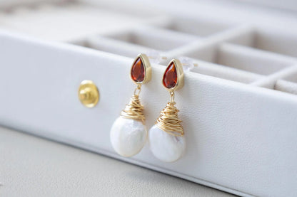 Baroque Pearl Drop Earrings with Ruby - Crafted with Brass