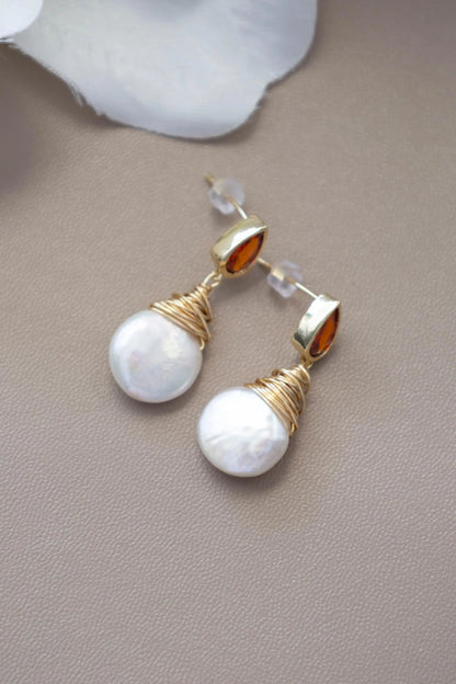 Baroque Pearl Drop Earrings with Ruby - Crafted with Brass