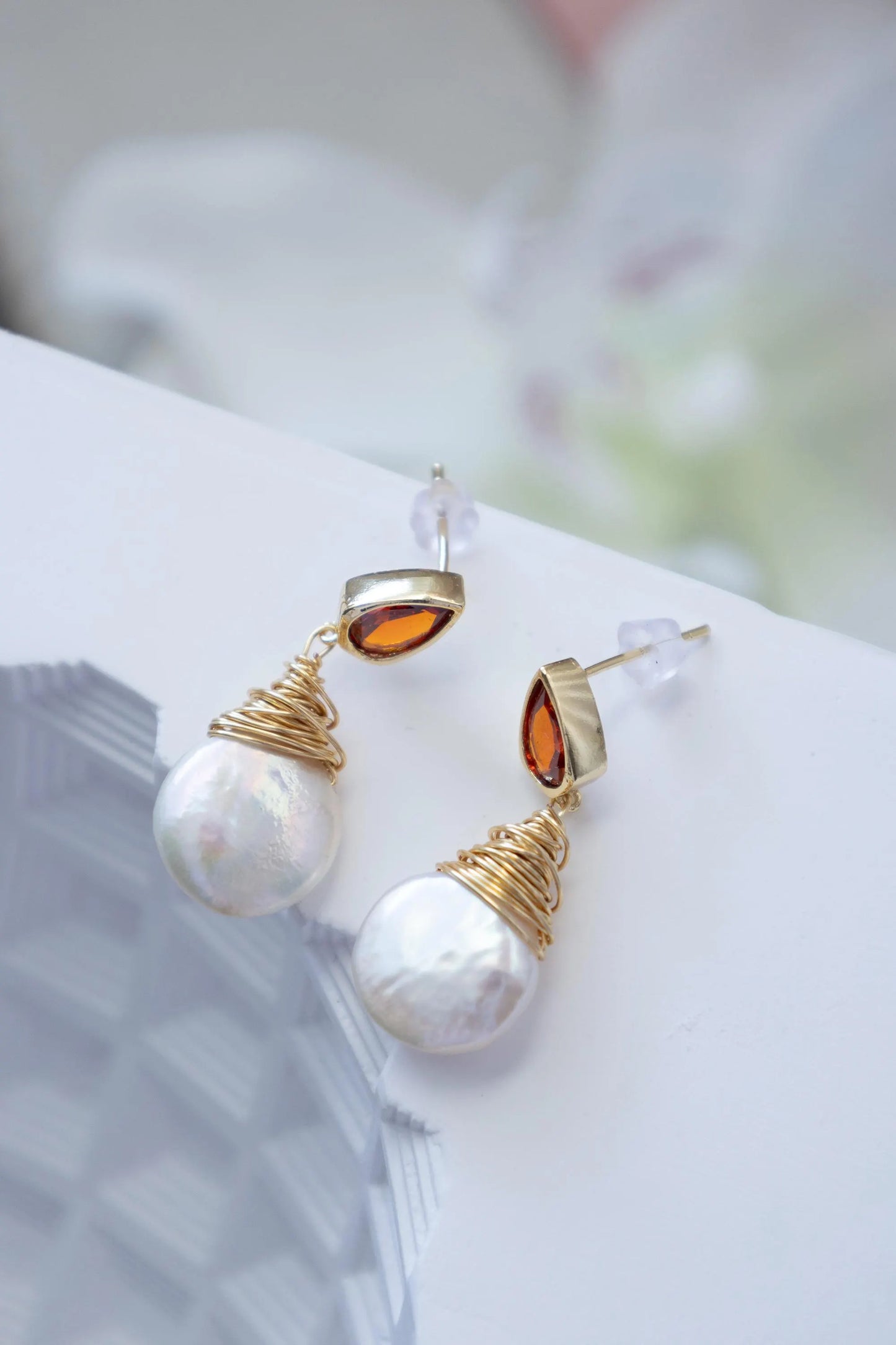 Baroque Pearl Drop Earrings with Ruby - Crafted with Brass