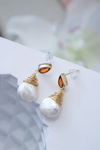 Baroque Pearl Drop Earrings with Ruby - Crafted with Brass