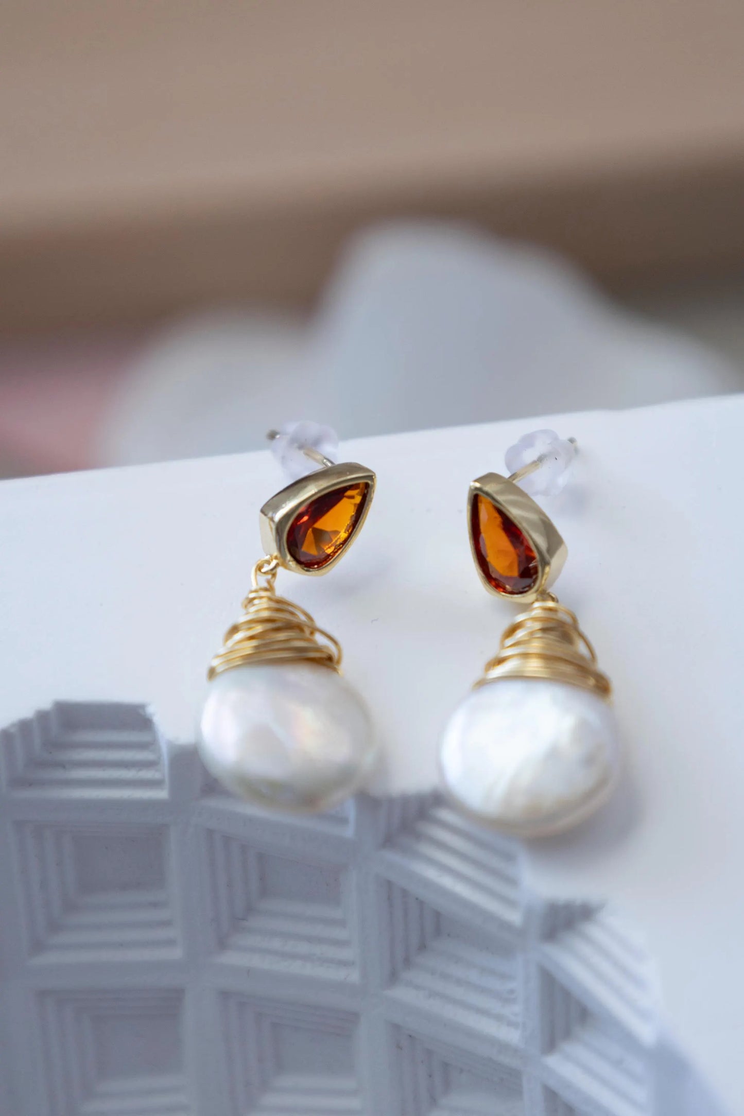 Baroque Pearl Drop Earrings with Ruby - Crafted with Brass